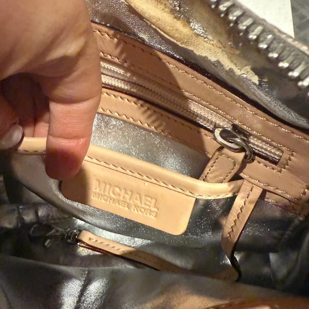 Michael Kors Shiny Silver and Tan Satchel